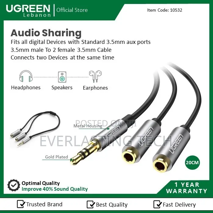 Ugreen 3.5mm Male to 2 Female Audio Cable 20cm (Black)
