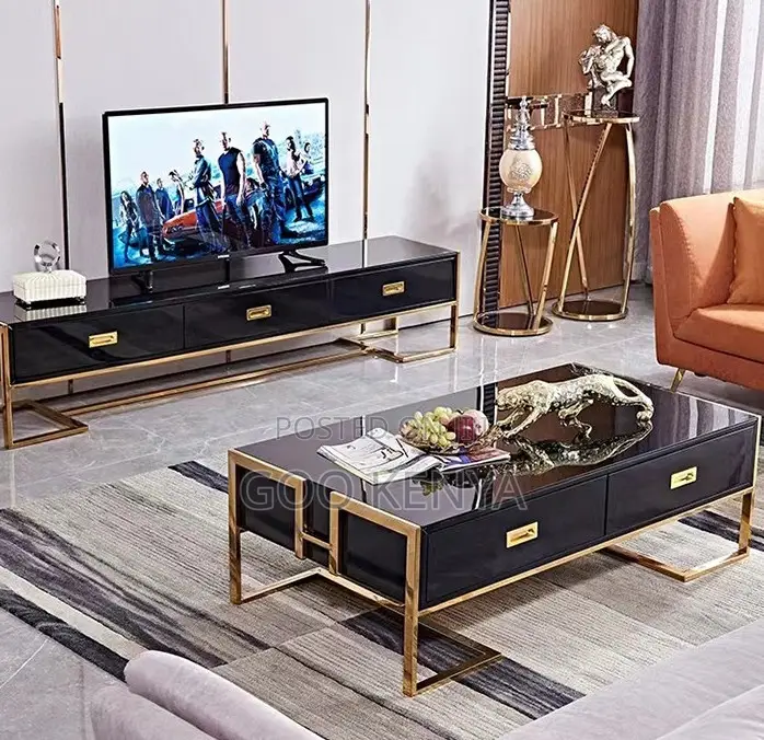 Home Coffee Table; Golden Modern Coffee Table With Black Glass Top