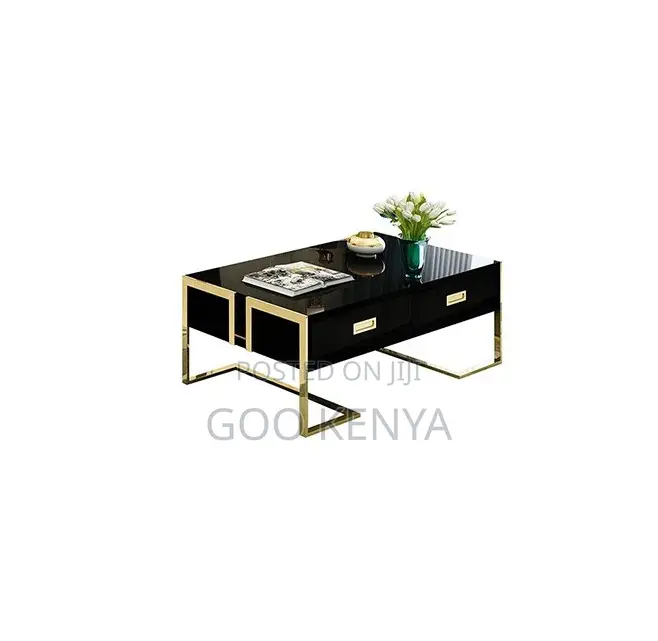 Home Coffee Table; Golden Modern Coffee Table With Black Glass Top