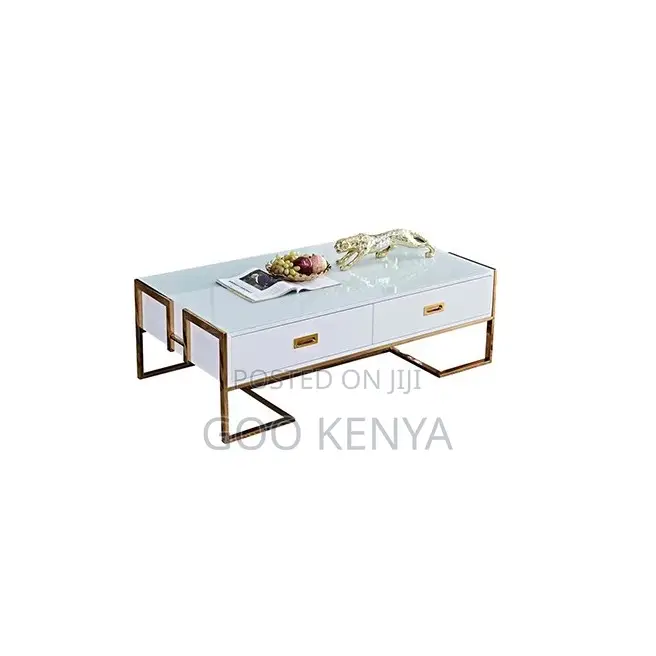 Home Coffee Table; Golden Modern Coffee Table With Black Glass Top
