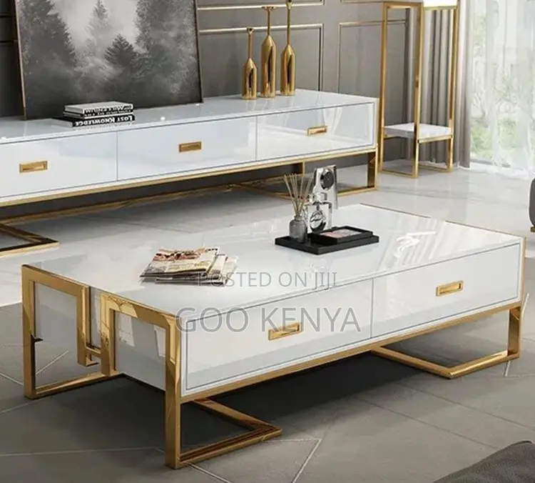 Home Coffee Table; Golden Modern Coffee Table With Black Glass Top