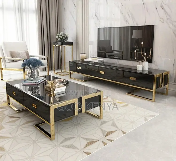 Home Coffee Table; Golden Modern Coffee Table With Black Glass Top