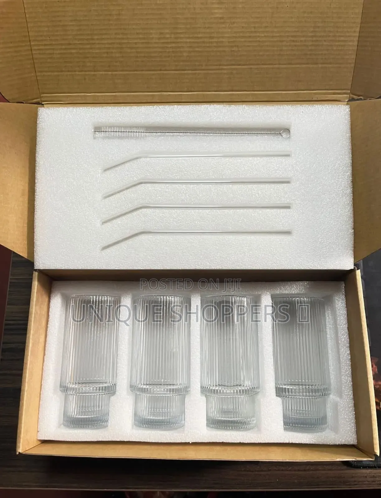 Aesthetic Highball Crystal Ribbed Glasses With Bamboo Lid and Straws.