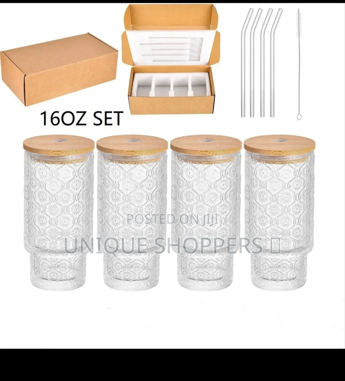 Aesthetic Highball Crystal Ribbed Glasses With Bamboo Lid and Straws.