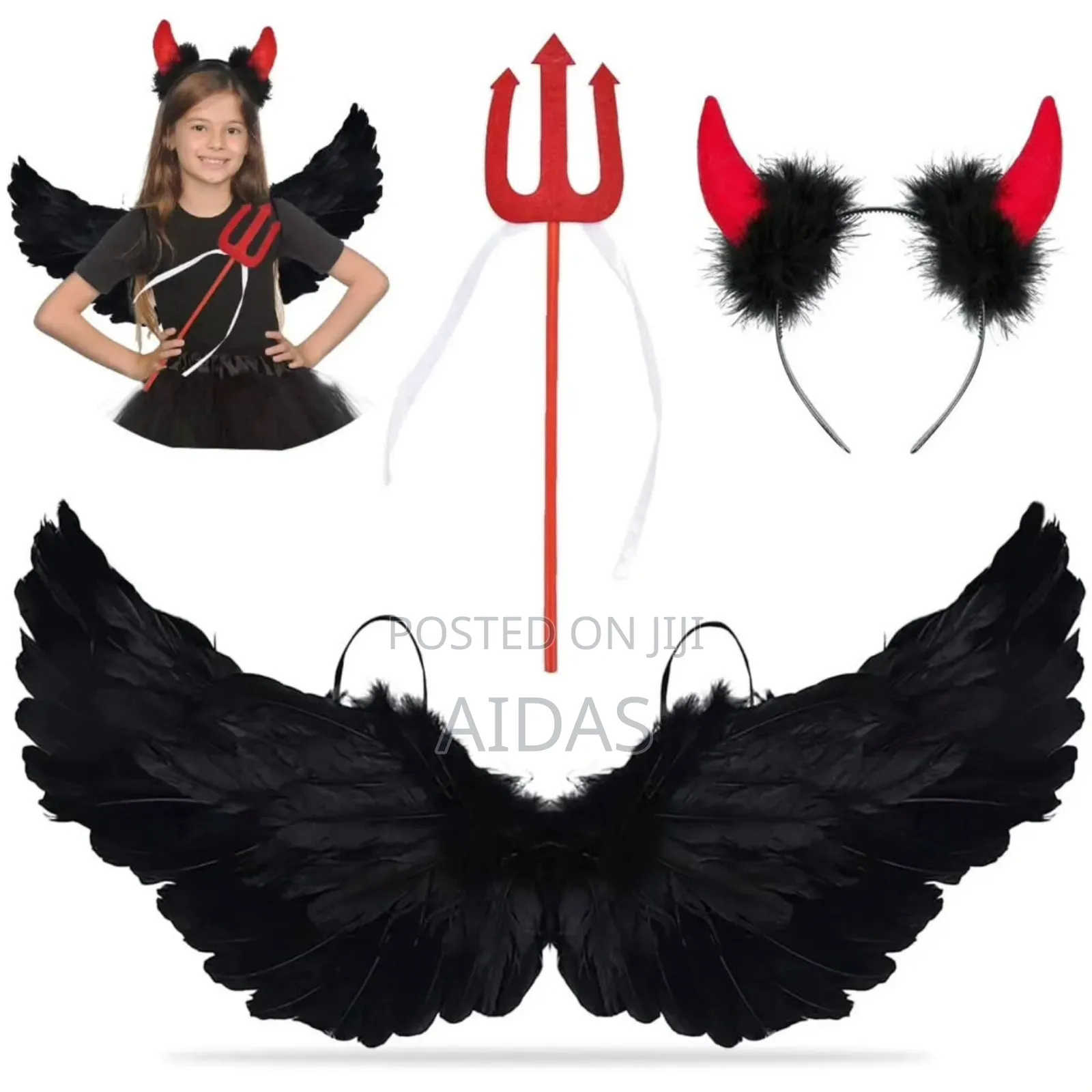 Kids Devil Costume Set With Black Angel Wings, Red Horns Trident