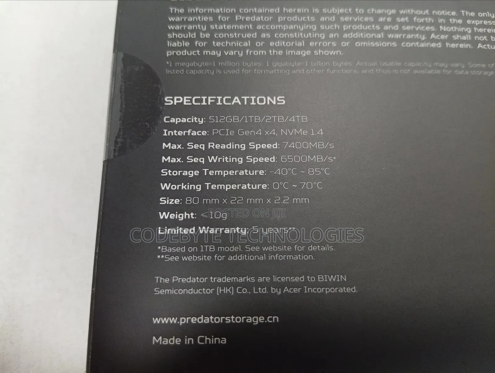 Acer Predator Gm7 Internal SSD M.2 Pcie Gen 4*4 Nvme 2280 - 4tb