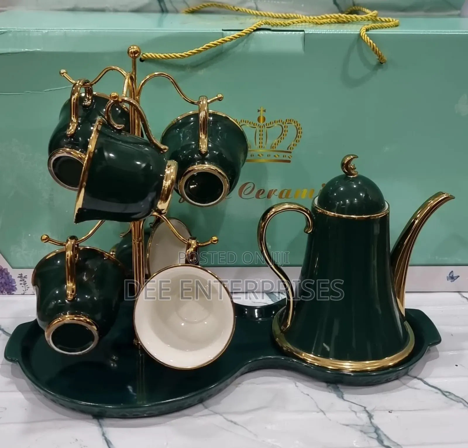 Fine Ceramic 9pc Tea Set With Cup Stand 6 Cups Kettle and 8shaped Tray