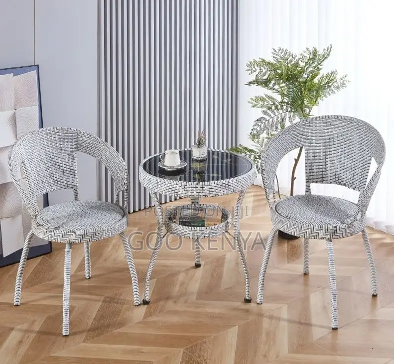Outdoor Dining Set; 2-Seater Rattan Chairs With Glass Top Round Table