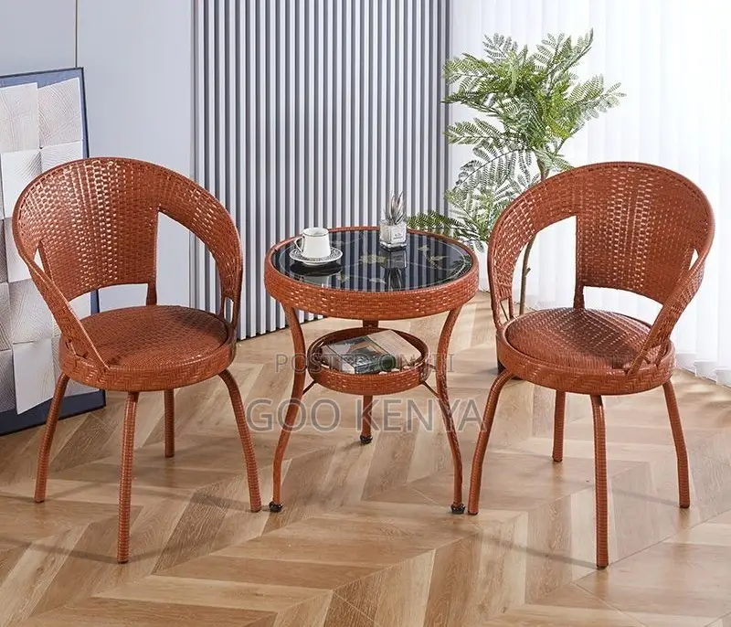 Outdoor Dining Set; 2-Seater Rattan Chairs With Glass Top Round Table