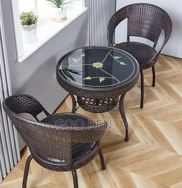 Outdoor Dining Set; 2-Seater Rattan Chairs With Glass Top Round Table