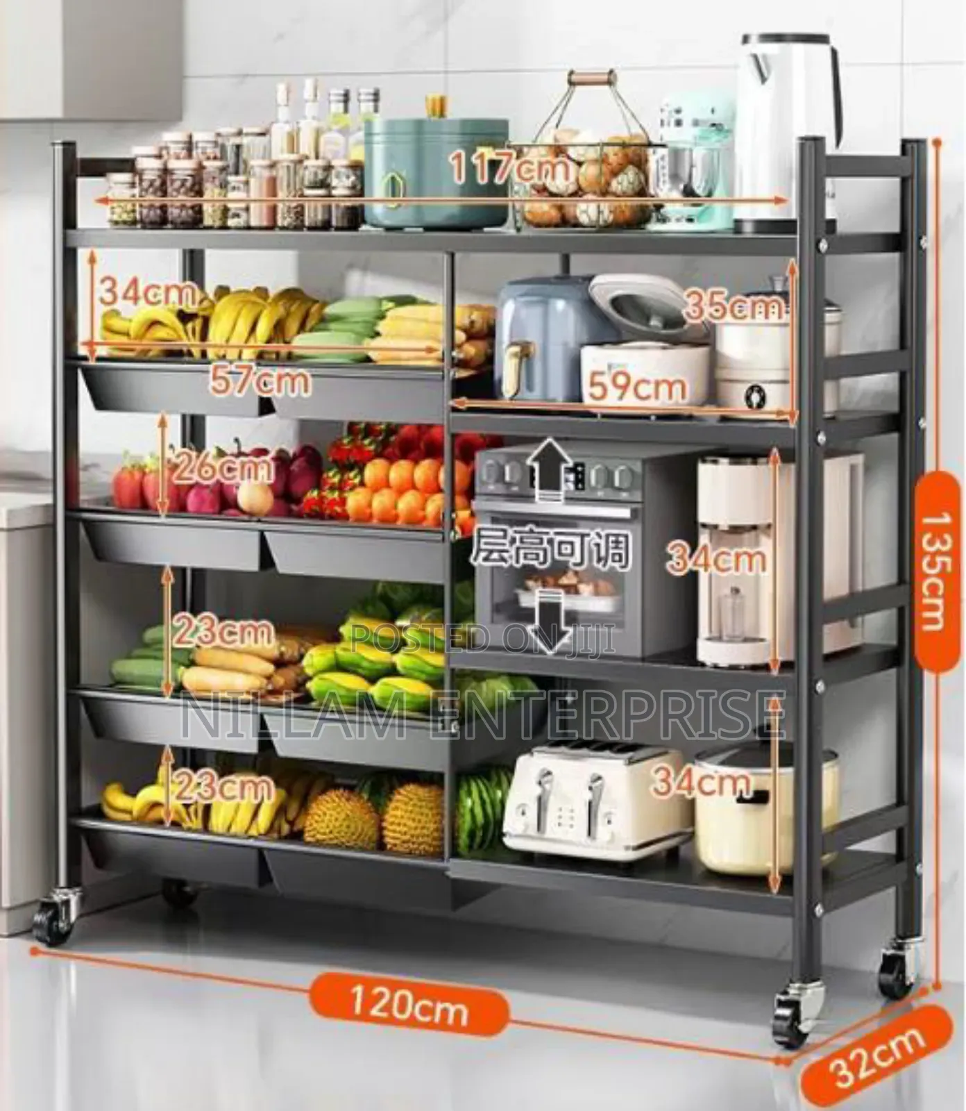 Multifunctional Strong Metallic Kitchen Rack With Movable Wheels*