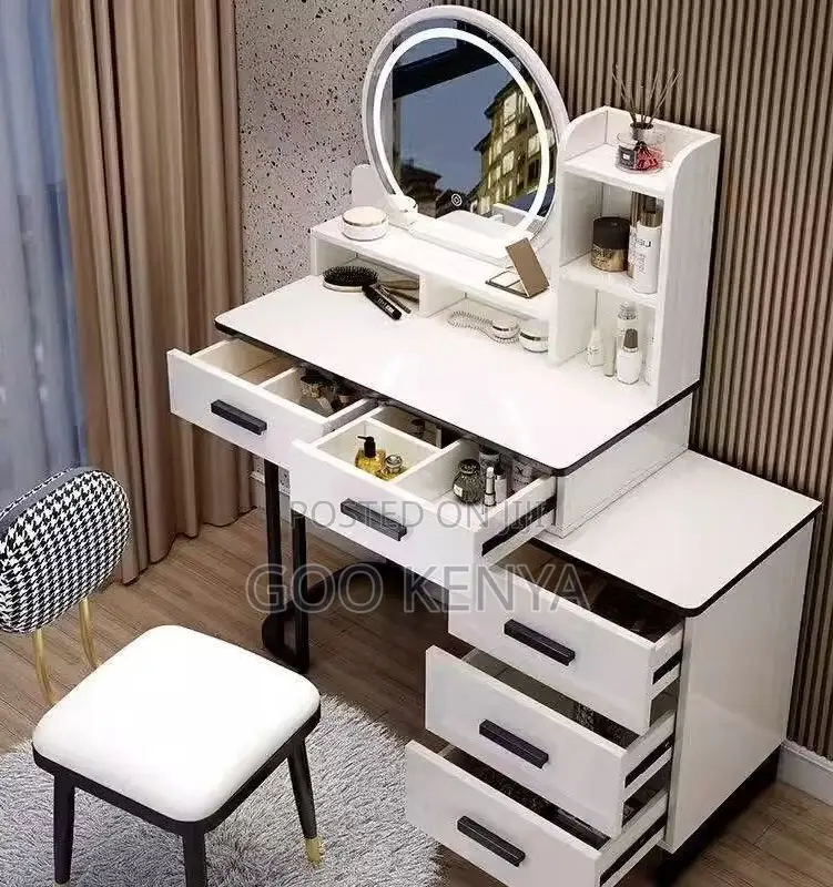 Home Dressing Table Set; MDF White Led Mirror Vanity Table Set