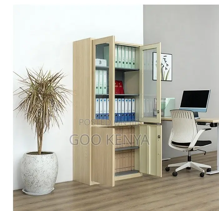 Office Cabinet; 2-Lockable Doors Wood Office Cabinet With Glass Doors