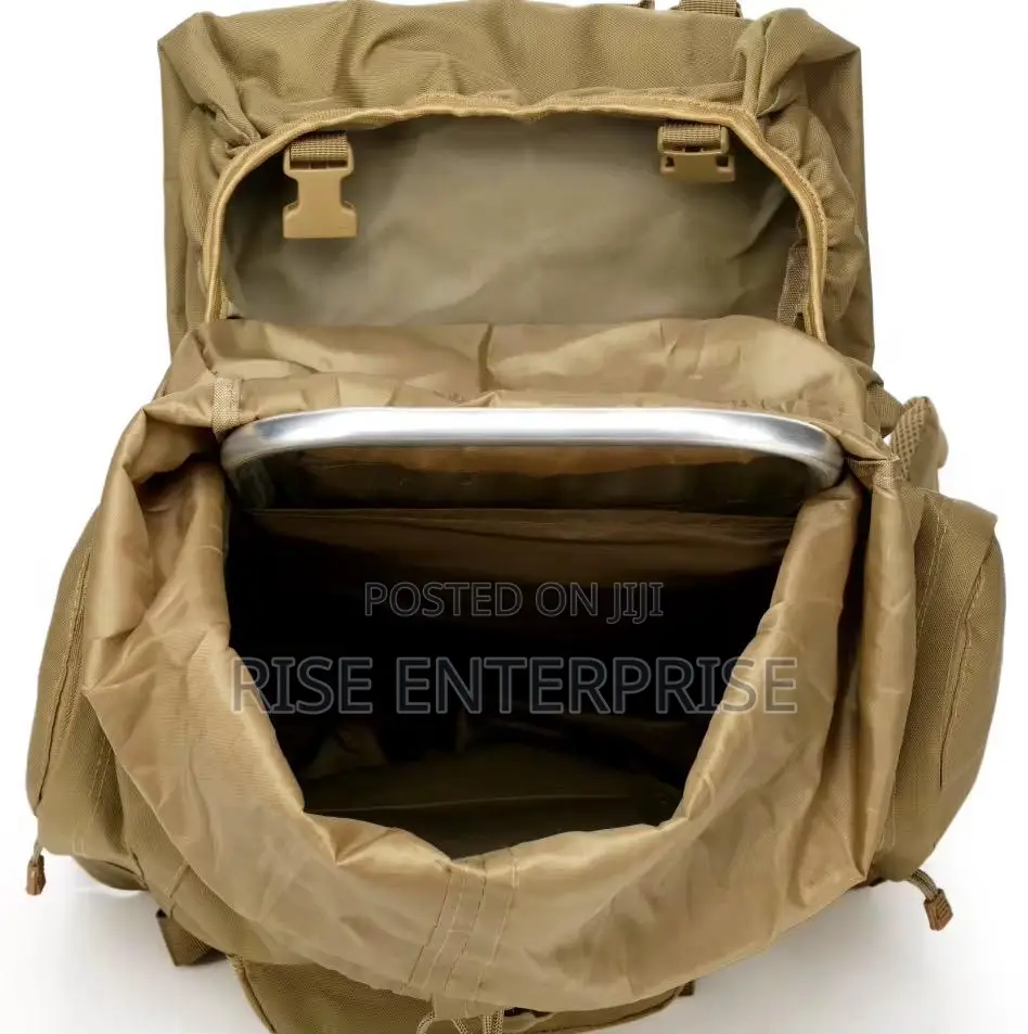 Brown 70l Tactical Waterproof Hiking Bag With Metallic Frame