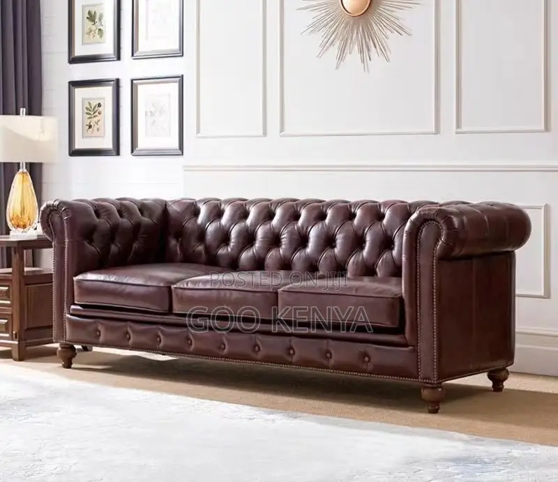 Home Sofa; 3-Seater Leather Brown Sofa for Living Room