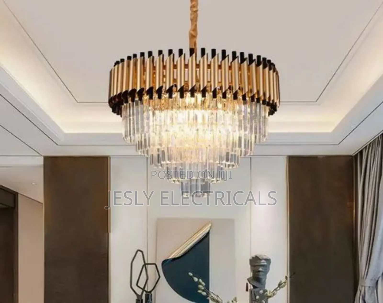 Modern Gold and Black Crystal Chandelier.