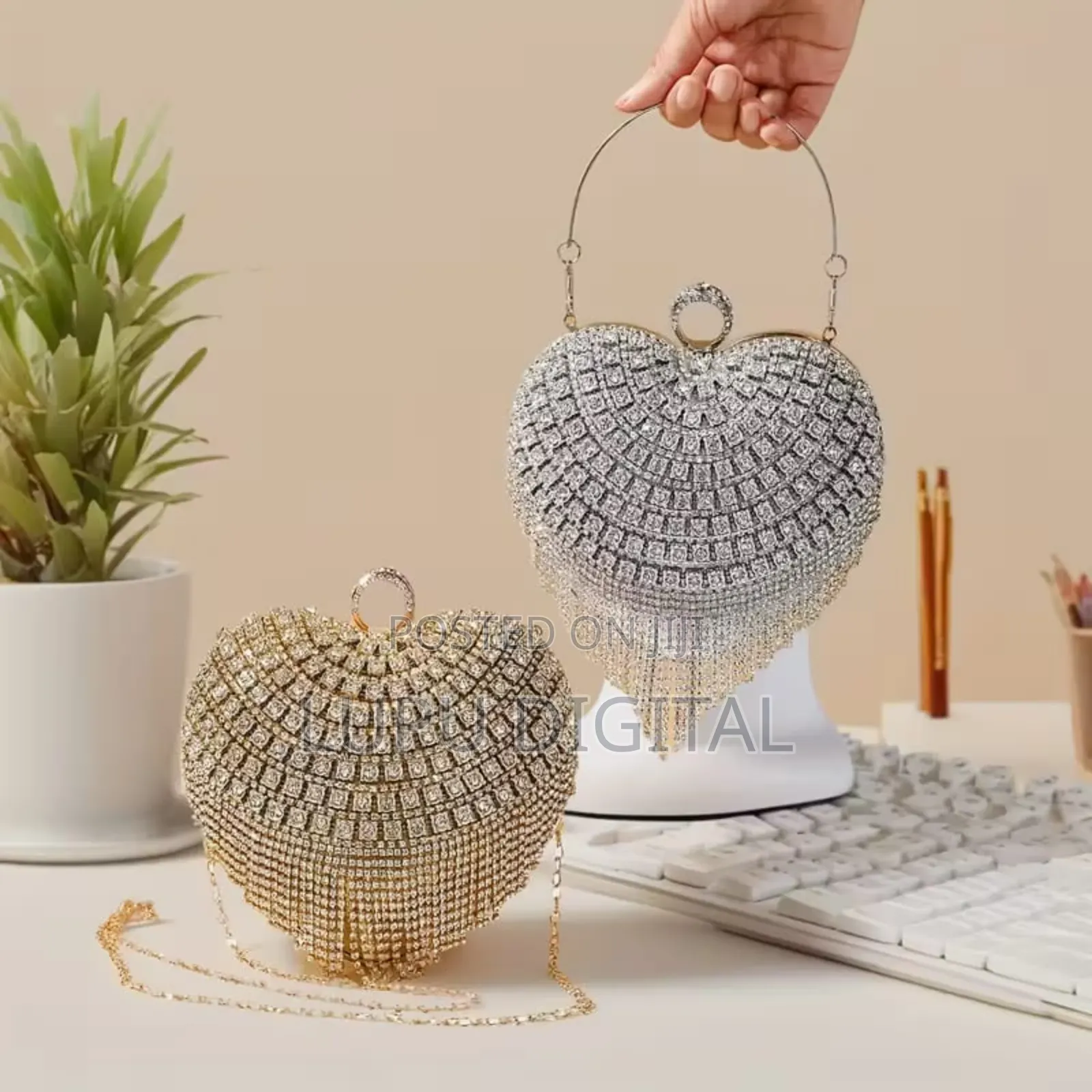 Heart-Shaped Evening Clutch Bag With Rhinestones and Tassel Details*