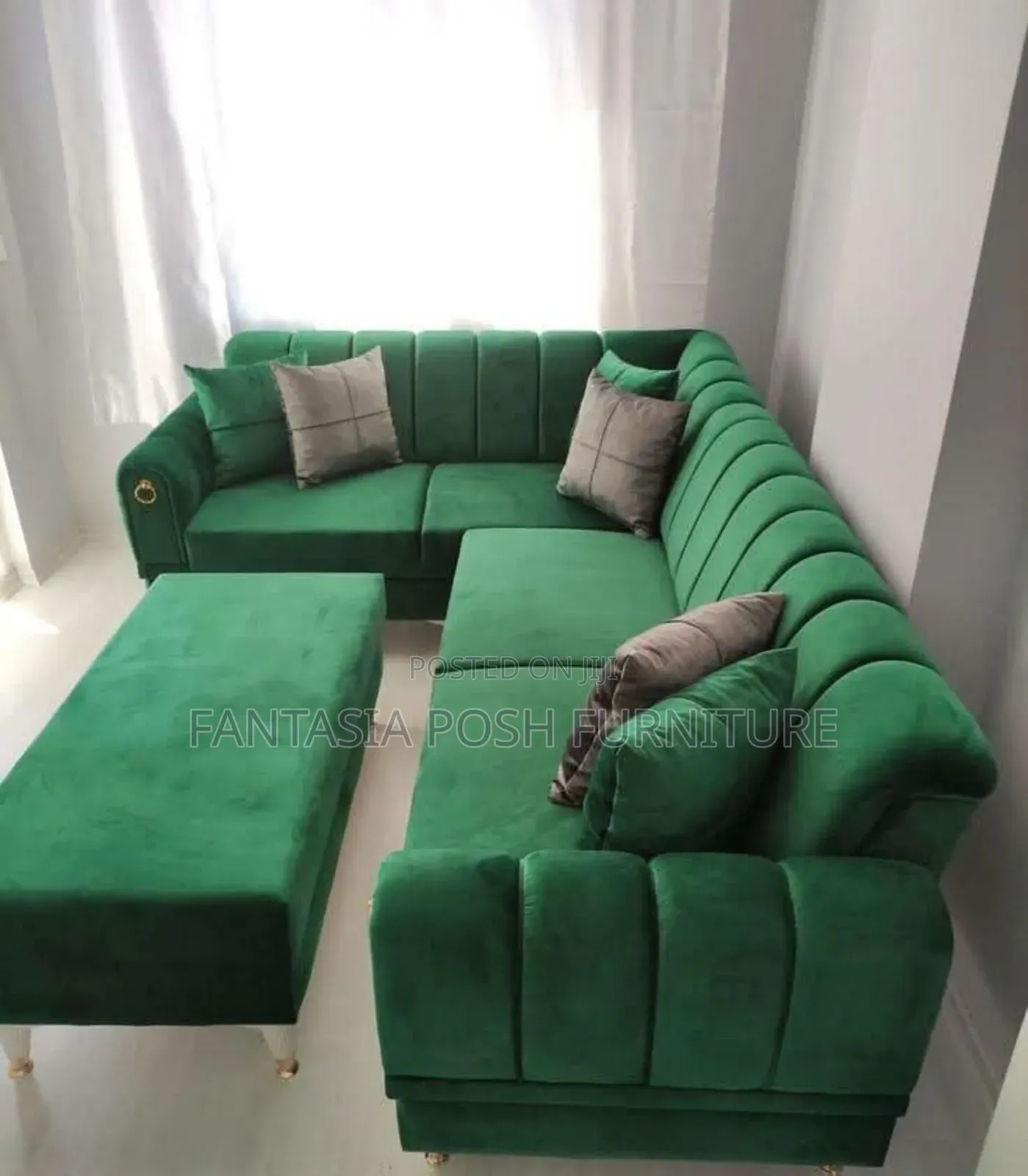 Green Velvet L-shaped Sectional Sofa