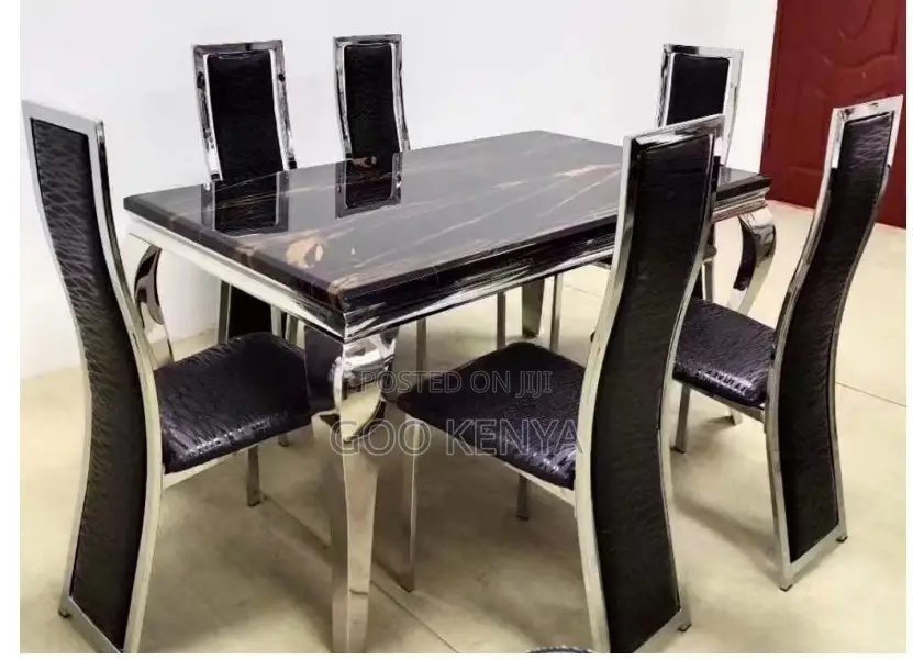 Home Dining Set; 4-Seater Black and Gold Leather Chairs With Table