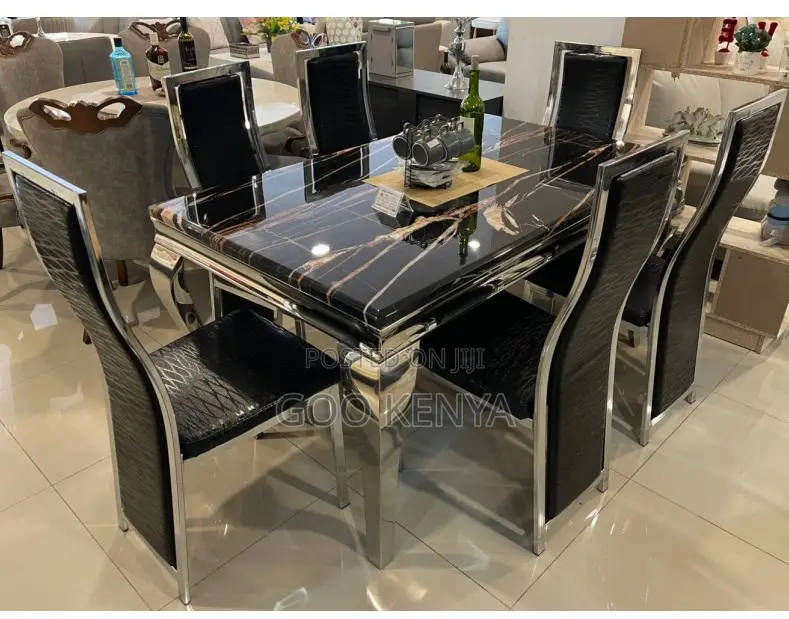 Home Dining Set; 4-Seater Black and Gold Leather Chairs With Table