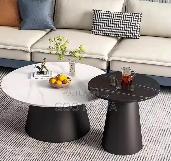 Home Table; Round Twin Marble Table Set With Metal Base