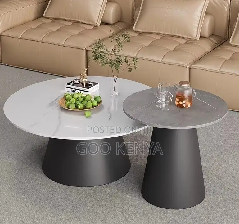 Home Table; Round Twin Marble Table Set With Metal Base