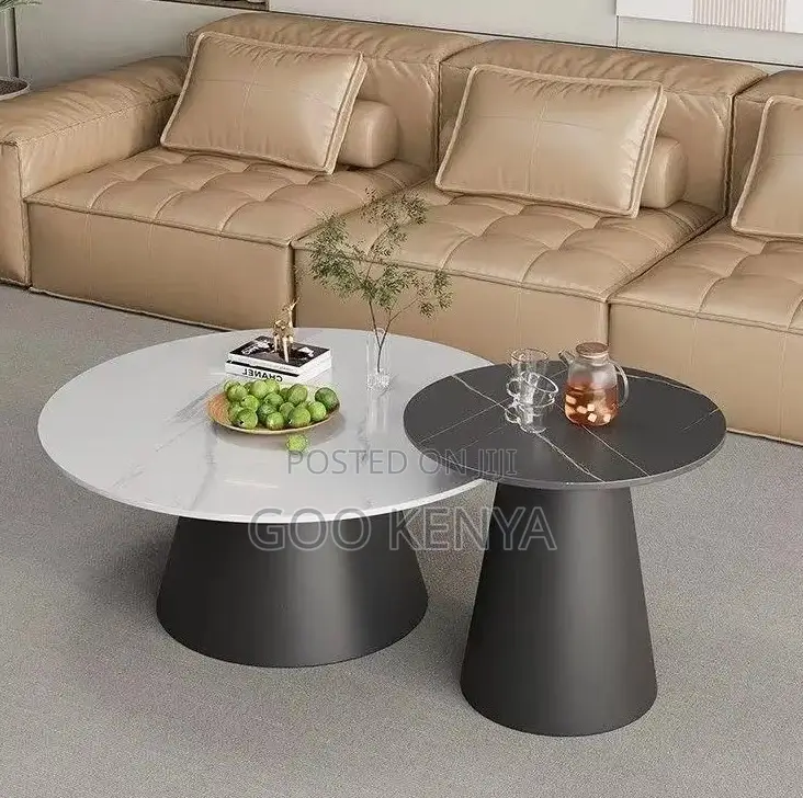 Home Table; Round Twin Marble Table Set With Metal Base