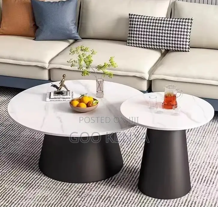 Home Table; Round Twin Marble Table Set With Metal Base