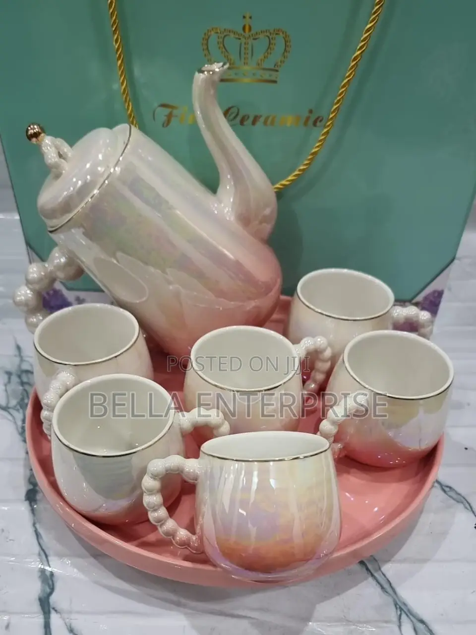 Fine Ceramic 8pc Rotating Tray Tea Set With 6 Cups and Kettle