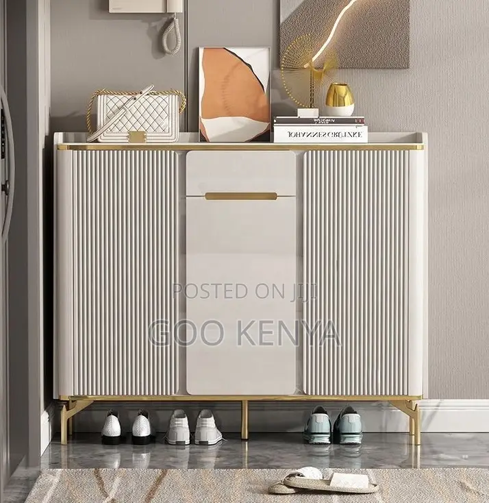 Home Cabinet; MDF Wooden Shoe Storage Cabinet With Gold Trim