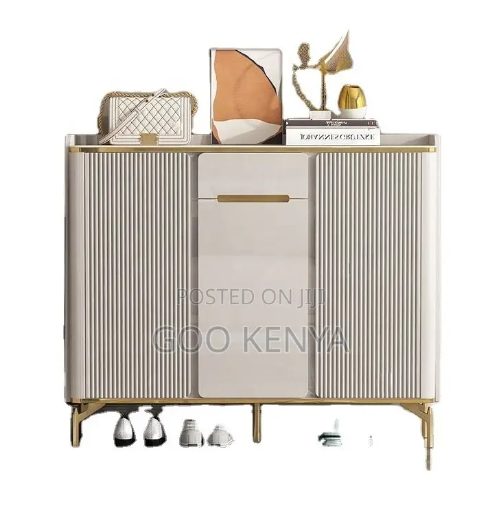 Home Cabinet; MDF Wooden Shoe Storage Cabinet With Gold Trim