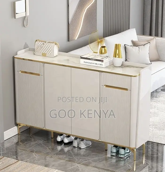 Home Cabinet; MDF Wooden Shoe Storage Cabinet With Gold Trim