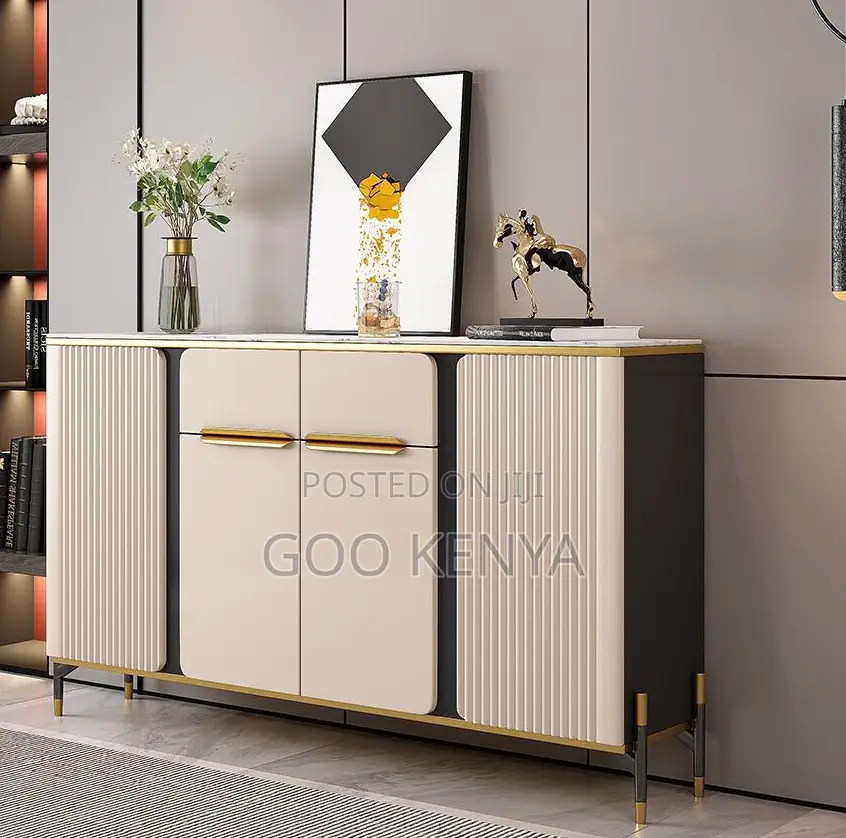 Home Cabinet; 4-Door Gold Accent Modern Wooden Cabinet