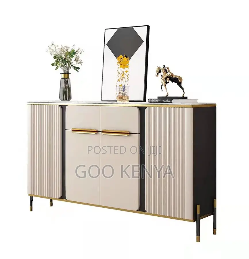Home Cabinet; 4-Door Gold Accent Modern Wooden Cabinet
