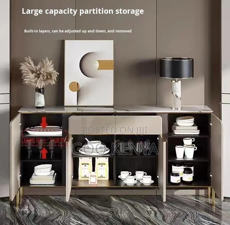 Home Cabinet; 4-Door Gold Accent Modern Wooden Cabinet