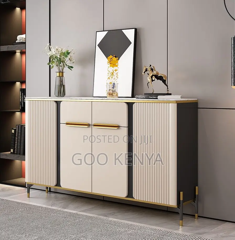 Home Cabinet; 4-Door Gold Accent Modern Wooden Cabinet