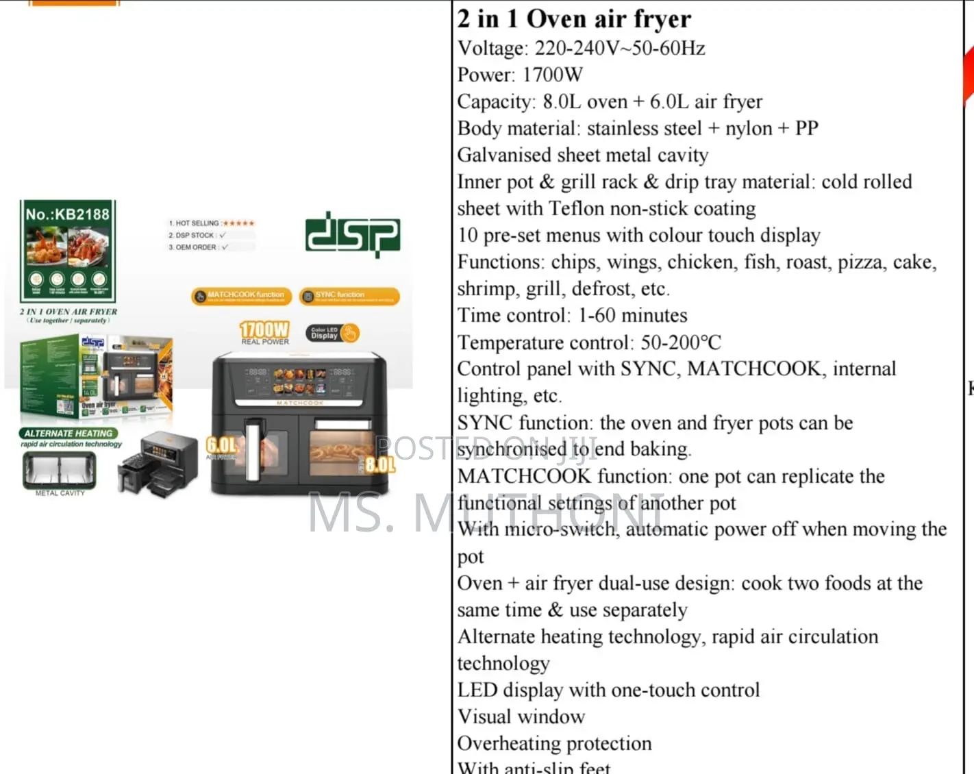 8 L Oven + 6 Air Fryer Combo DSP Air Frier