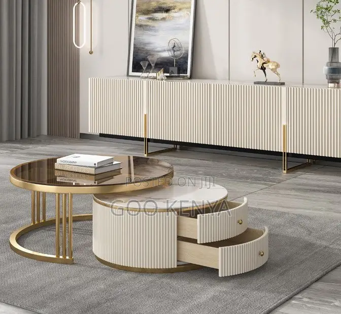 Home Table Set; Premium Gold Frame Marble Coffee Table With Metal Base