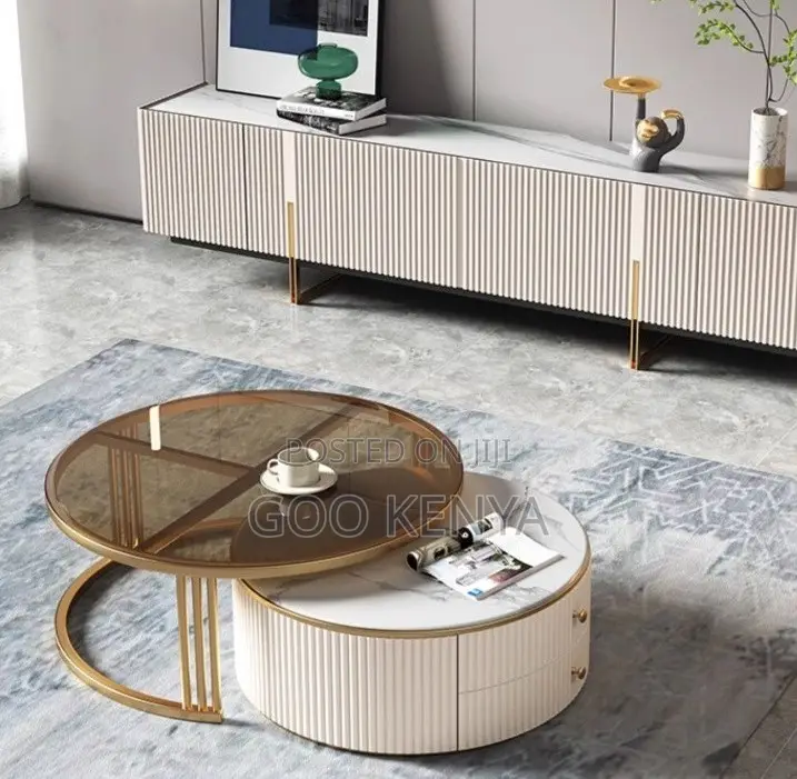 Home Table Set; Premium Gold Frame Marble Coffee Table With Metal Base