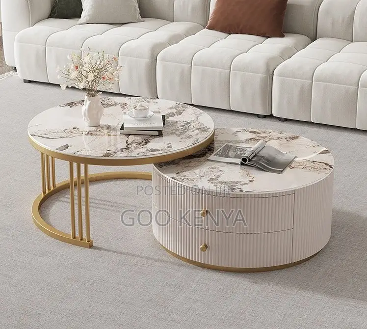 Home Table; Gold Frame Tempered Glass and Marble Nesting Table Set