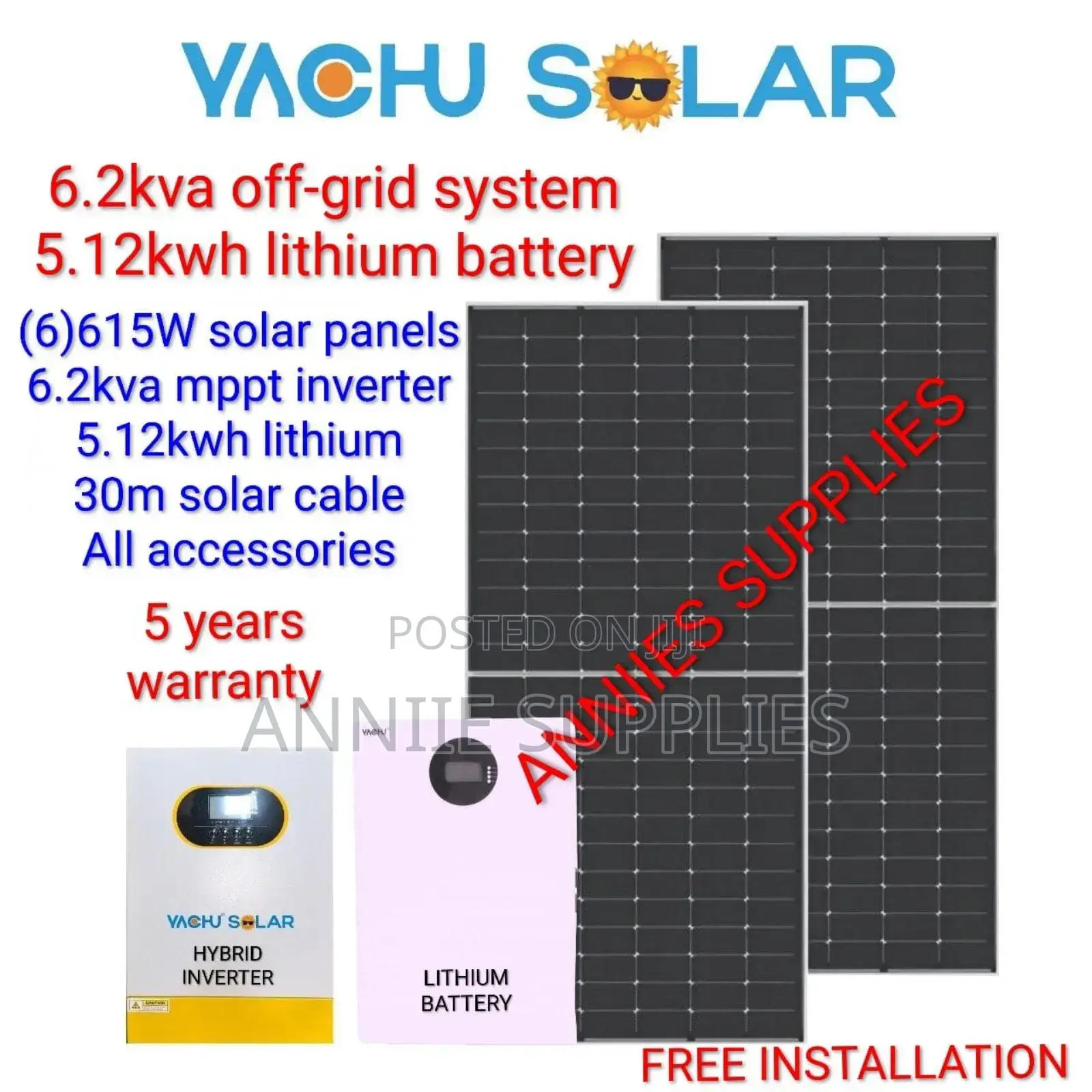 6.2kw Hybrid Inverter - 5kwh Lithium Battery - (4)615w Solar Panels