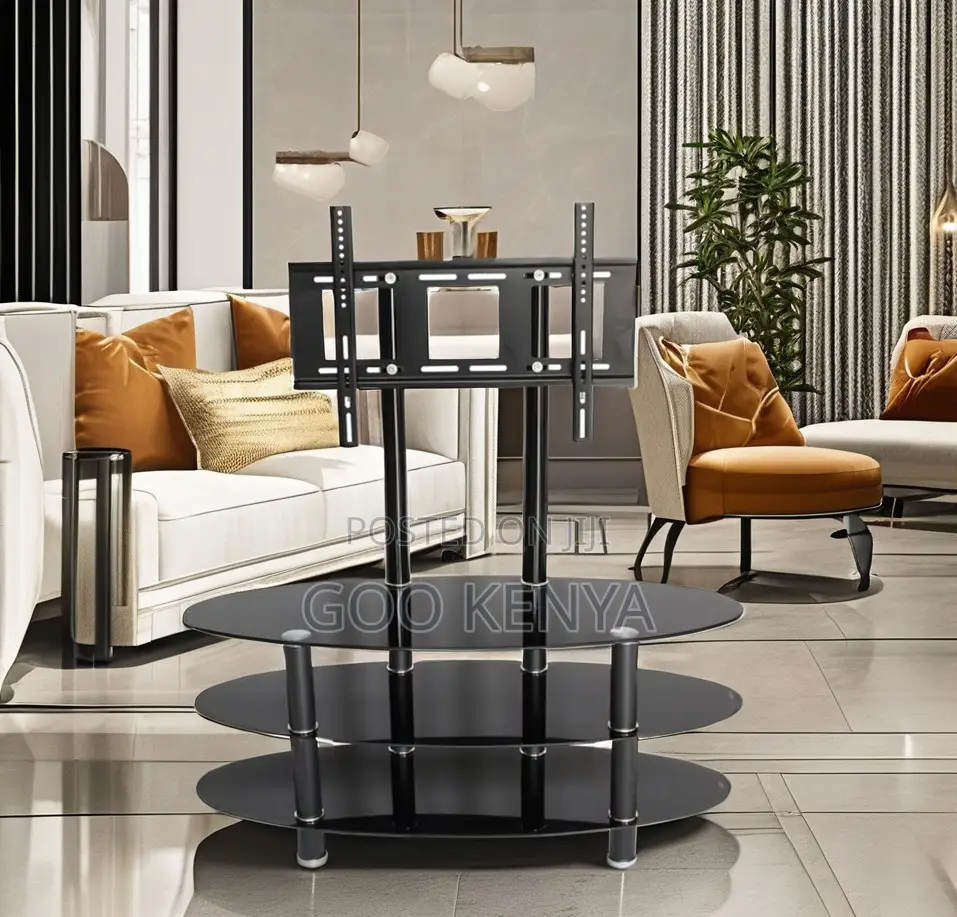 Home Tv Stand; Metal Frame Cabinet With Glass Countertop and Tv Mount