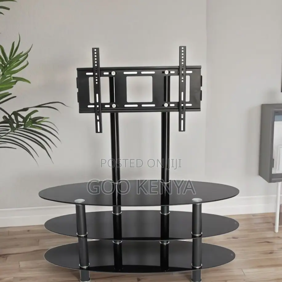Home Tv Stand; Metal Frame Cabinet With Glass Countertop and Tv Mount