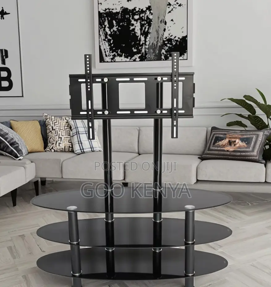 Home Tv Stand; Metal Frame Cabinet With Glass Countertop and Tv Mount