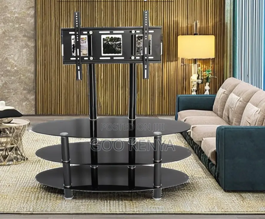 Home Tv Stand; Metal Frame Cabinet With Glass Countertop and Tv Mount
