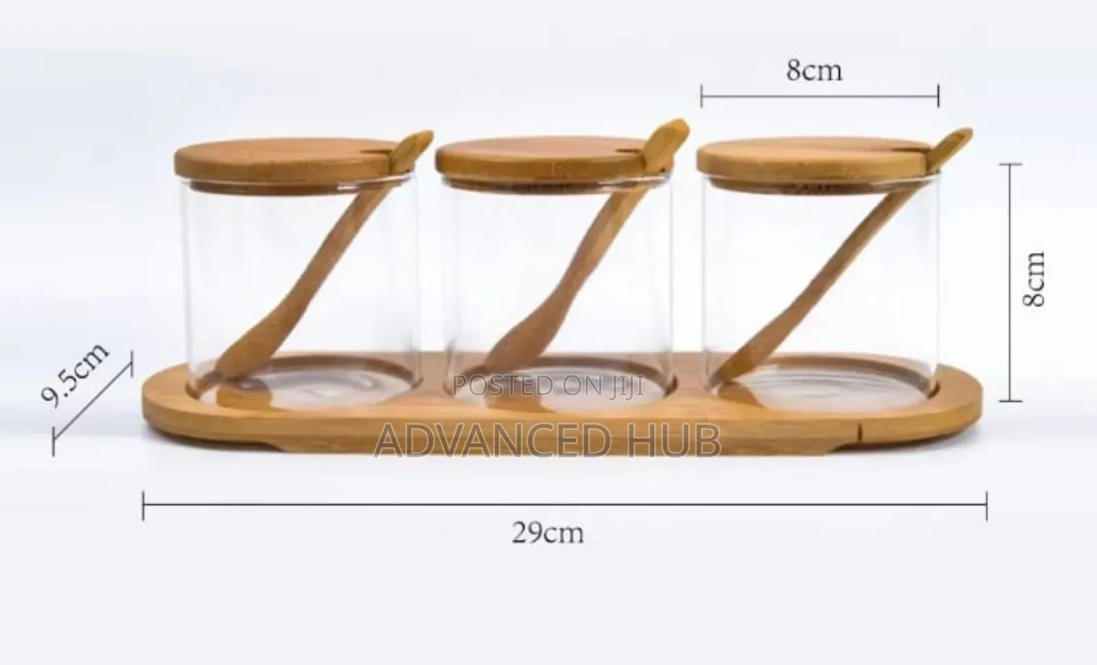 Quality 3in1 Glass Sugar/Spice Set With Bamboo Lid,Tray and Spoons