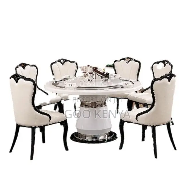 Home Dining Set; White Marble Lazy-Susan Dining With 6 Leather Seats