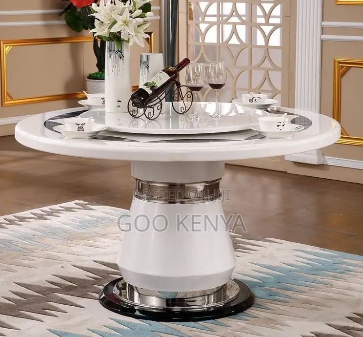 Home Dining Set; White Marble Lazy-Susan Dining With 6 Leather Seats