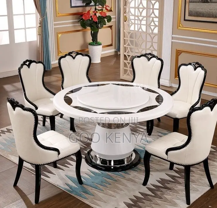 Home Dining Set; White Marble Lazy-Susan Dining With 6 Leather Seats