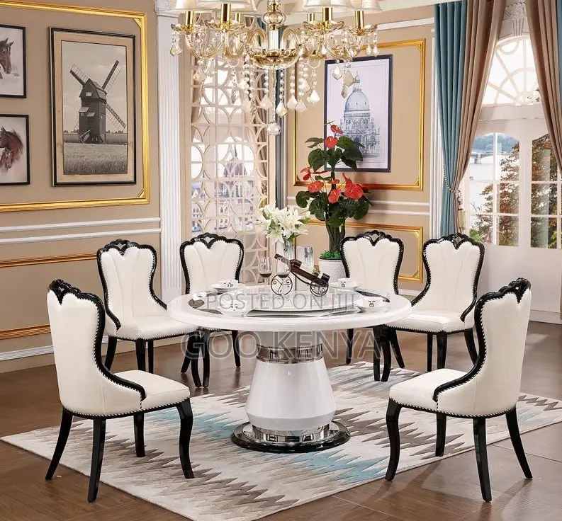 Home Dining Set; White Marble Lazy-Susan Dining With 6 Leather Seats